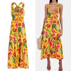 The Details Are Exquisite And The Print Will Guarantee You Compliments Never Worn, Tag Still Attached Comes With Original Bow Material (Removable) Originally $300 Yellow Tropical Sleeveless Dress, Yellow Sleeveless Tropical Dress, Yellow Tropical Style Sleeveless Dress, Yellow Maxi Dress With Vibrant Print, Vibrant Yellow Vacation Dress, Yellow Tropical Print Dress For Beach, Yellow Tropical Print Beach Dress, Yellow Tropical Style Beach Dress, Vibrant Yellow Beach Dress