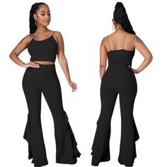 Spaghetti Strap Crop Top+ruffles Flared Pants Set Fitted Wide Leg Pants With Ruffles, Chic Flare Pants With Ruffles, Fitted Ruffled Bottoms For Night Out, Fitted Ruffle Flare Pants, Fitted Ruffled Flare Pants, Fitted Flare Pants With Ruffles, Trendy Ruffled Stretch Pants, Stretch Bottoms With Ruffles In Solid Color, Black Ruffled Pants For Summer