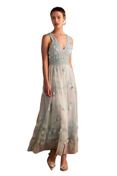 Light blue tulle maxi dress with 3D floral and thread hand embroidery. - Aza Fashions Sleeveless Tulle Evening Dress With Floral Applique, Floral Embellished Maxi Dress For Spring Prom, Spring Prom Maxi Dress With Floral Embroidery, Spring Floral Embroidered Maxi Dress For Prom, Sleeveless Floral Applique Evening Dress For Summer, Sleeveless Evening Dress With Floral Applique For Summer, Sleeveless Summer Evening Dress With Floral Applique, Spring Embellished Lace Evening Dress, Spring Floral Embroidered Maxi Evening Dress