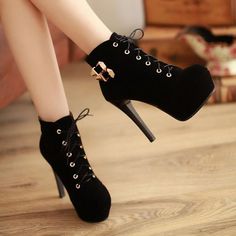 Black/Red Heels Boots SE4758 Sepatu Pump, Red Heel Boots, Kasut Tumit Tinggi, Heeled Lace Up Boots, Womens Black Booties, High Heel Ankle Boots, Girly Shoes, Heel Ankle Boots, High Heel Boots Ankle