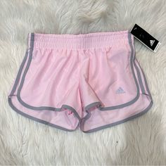 Very Pale Pink Color (A Little Lighter Pink Than Appears In The Photos) With Grey Trim Has A Drawstring And Liner Waistband On The Small Is Approximately 14.5 Inches Across When Laying Flat And 17.5 Inches On The Xl 3 Inch Inseam Ynf 11656 (S) Ynf 11657 (S) Ynf 11658 (Xl) Adidas Bottoms For Gym In Spring, Adidas Gym Bottoms For Spring, Spring Adidas Gym Bottoms, Adidas Athletic Shorts For Gym, Summer, Adidas Athletic Shorts For Spring Athleisure, Adidas Athleisure Athletic Shorts For Spring, Elastic Sports Shorts For Spring, Pink Adidas Gym Bottoms, Adidas Pink Gym Bottoms