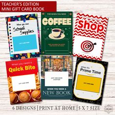 six teacher's book mini gift cards with the words, coffee, and other items