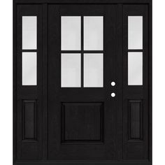 a black door with two sidelights on the front and side panels, both in glass