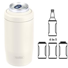 thermos canister is shown with four different sizes and measurements to choose from