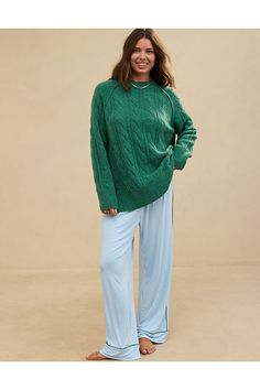 The best of both worlds! unREAL sweater fabric is super cozy AND breathable./Pretty cable-knit deets/Raglan sleeves for easy layering/Ribbed deets on the neck, cuffs and hem Cable Knit Sweater For Loungewear, Casual Cable Knit Sweater For Loungewear, Cozy Cable Knit Sweater For Loungewear, Cozy Cable Knit Loungewear Sweater, Cable Knit Crew Neck Sweater For Loungewear, Cozy Cable Knit Sweater In Relaxed Fit, Trendy Cable Knit Sweater For Layering, Trendy Relaxed Fit Cable Knit Sweater, Casual Cable Knit Sweater For Layering