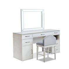 a white desk with a mirror and chair