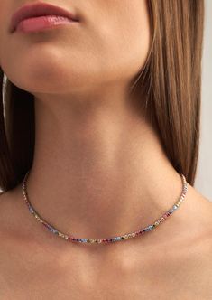 Riviera Rainbow Crystal Necklace — Hellenic Aesthetic Rainbow Beaded Necklace For Party, Multicolor Jeweled Choker Necklace, Multicolor Clavicle Chain Choker As Gift, Trendy Multicolor Jewelry With Delicate Chain, Multicolor Single Strand Jewelry, Multicolor Delicate Chain Jewelry For Party, Multicolor Clavicle Chain Necklace For Party, Rainbow Necklace For Party, Trendy Multicolor Single Strand Jewelry