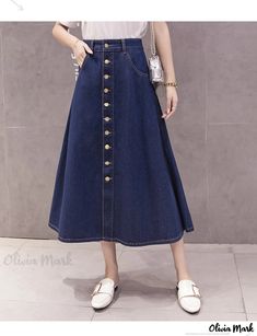 Olivia Mark - High-Waisted Denim A-line Midi Skirt Long Skirt Jeans, Diy Denim Skirt, Denim Button Skirt, High Waisted Denim Skirt, Estilo Denim, Denim Skirt Women, Denim Diy, Cute Winter Outfits, Denim Midi Skirt