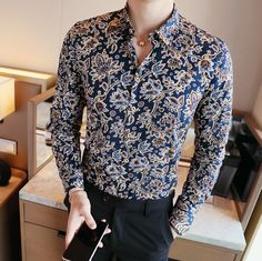 Mens Shirt Color, Autumn Streetwear, Casual Shirts Men, Fancy Shirt, Mens Shirts Online, Slim Fit Shirt, Retro Floral, Men's Shirts