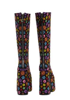 These knee high boots have a faux suede construction with an all-over floral embroidered design, a round toe, a platform sole, and a back zipper closure with a daisy charm zipper pull. Spring Knee-high Boots With Zipper Closure, Gogo Boots Outfit, Funky Boots, Summer Boots Outfit, Faux Fur Outfit, High Platform Boots, Current Mood Clothing, Knee High Platform Boots, Dolls Kill Shoes