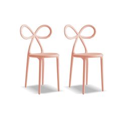 two pink chairs with bows on them, one is made out of plastic and the other has