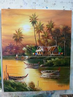 there is a painting on the wall of a house and boats in the water at sunset