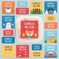 the charlie wilson name tags are shown on a blue and white background with different animals