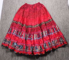 Rare Vintage Anna Konya Peasant Skirt Womens S Red Rosette Accents Bohemian Full Red Bohemian Long Skirt, Red Bohemian Skirt For Spring, Red Long Hippie Skirt, Traditional Red Bottoms For Spring, Red Ruffled Bohemian Skirt, Bohemian Red Ruffled Skirt, Red Bohemian Ruffled Skirt, Red Lined Skirt For Festival, Red Vintage Tiered Skirt