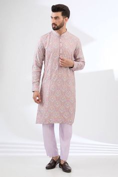 Pink dola silk kurta with floral print and thread and beaded embroidery. Comes with lilac pant. - Aza Fashions Purple Straight Kurta With Printed Motifs, Purple Kurta With Printed Motifs For Diwali, Purple Silk Kurta With Chikankari Embroidery, Pink Long Sleeve Churidar With Naqshi, Designer Purple Cotton Kurta, Pink Jamawar Straight Kurta, Purple Long Sleeve Kurta With Printed Motifs, Multicolor Cotton Kurta With Naqshi Detailing, Transitional Purple Kurta With Chikankari Embroidery