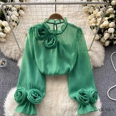 Lasaky - Professional Womens Stand Collar Solid Color Chiffon Blouse with Three-Dimensional Bubble Sleeves Chic Non-stretch Chiffon Blouse, Fitted Chiffon Tops For Office, Fitted Chiffon Office Tops, Chic Non-stretch Green Blouse, Spring Party Blouse Non-stretch, Spring Party Non-stretch Blouse, Elegant Party Tops In Georgette, Spring Chiffon Office Tops, Flowy Long Sleeve Chiffon Blouse