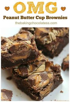 chocolate peanut butter cup brownies stacked on top of each other with the title overlay