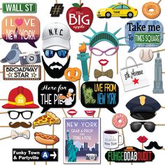 an assortment of new york photo booth props