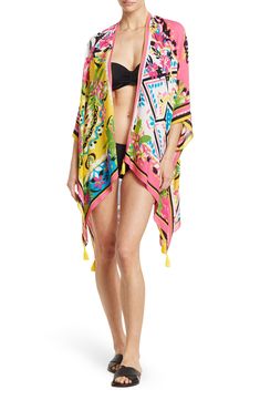 Color patterns and playful tassels come together for a delightful look when you slip into this tiled-print topper. 29" length (size OS) Open front 100% rayon Hand wash, dry flat Imported One Size Multicolor Floral Print Kimono, Floral Print Kimono For Beach Cover-up, Multicolor Printed Kimono For Beach Cover-up, Multicolor V-neck Kimono With Floral Print, Multicolor Floral Print Cover-up With Kimono Sleeves, Tile Print, Nine West, Scarf Wrap, Color Patterns