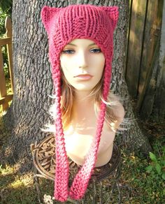 Marvels Runaways, Pink Cat Hat, Pink Knit Hat, Knit Caps, Silly Hats, Pink Beanie, Pixie Hat, Handmade Knitwear, Womens Hat