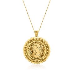 Ross-Simons - Italian 14kt Yellow Gold Mother Mary Filigree Medallion Pendant. This meaningful filigree medallion pendant from Italy shines in ornately designed 14kt yellow gold. Makes a wonderful gift for a religious milestone. Satin and polished finishes. Single bale fits chain up to 4.5mm, sold separately. 14kt yellow gold Mother Mary filigree medallion pendant. 14k Gold Medallion Necklace With Intricate Design, Ornate 14k Gold Medallion Jewelry, Ornate Medallion Jewelry With Coin Pendant, 14k Gold Engraved Medallion Necklace, Engraved 14k Gold Medallion Necklace, Engraved Yellow Gold Medallion Necklace For Anniversary, 14k Gold Round Pendant With Intricate Design, 14k Stamped Medallion For Anniversary, Luxury Medallion Jewelry With Filigree