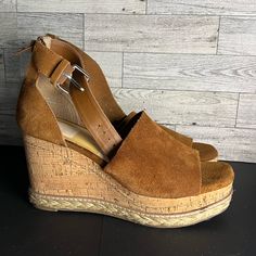 Size 8.5 Dolce Vita Brown Wedges Cork Wedge With Espadrille Layer Never Worn Brown Suede Wedge Sandals For Spring, Casual Brown Suede Wedge Sandals, Brown Suede Wedge Sandals With Cork-bed Midsoles, Brown Suede Wedge Sandals With Ankle Strap, Brown Wedges, Dolce Vita Shoes, Womens Shoes Wedges, Cork Wedge, Cork