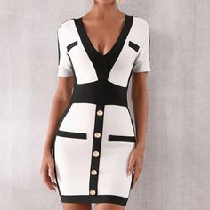 New! Designer Couture Black & White Couture Bandage Dress Cocktail Dress Button Detail Size Options: Xs, S, M, L Condition: Brand New! Color: Black & White Description: Thick High Quality Bandage Bodycon Fabric White Bandage Dress, White Bodycon, White Bodycon Dress, Elegant Color, Black And White Pattern, Women Midi, Mini Cocktail Dress, Patchwork Dress, Style Elegant