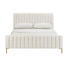 a white bed with two pillows on top of the headboard and foot board, in front of a white background