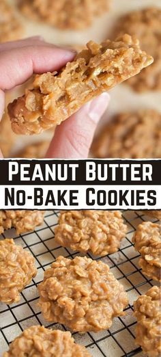 peanut butter no - bake cookies on a cooling rack with the words, peanut butter no - bake cookies