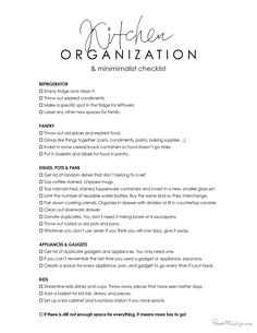 the kitchen organization checklist is shown in black and white