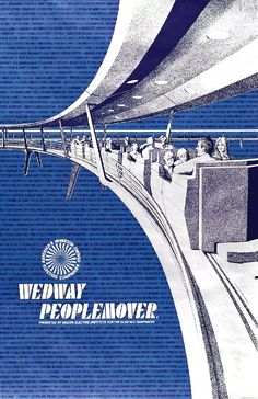 an advertisement with people riding on the top of a bridge in front of blue background