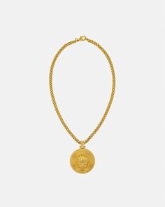 Medusa Biggie Necklace Gold | VERSACE US Vintage Pendant Necklace With Logo Charm, Classic Round Necklace With Logo Charm, Gold Medallion Necklace With Logo Charm, Luxury Brass Necklace With Large Pendant, Luxury Medallion Jewelry With Logo Charm, Luxury Large Pendant Medallion Necklace, Luxury Large Round Pendant Medallion Necklace, Classic Necklaces With Round Pendant And Logo Charm, Classic Necklace With Logo Charm On Round Pendant