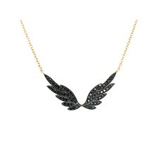 14K Yellow Gold Black Diamond Diamond Angel, Wings Black, Gold Wing, Angel Wing Necklace, Heart With Wings, Wing Necklace, Diamond Gold, Black Diamond, Gold Black