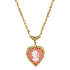 "A bit of elegance is what this cute little cameo locket necklace will bring! Dangling from a 16\" adjustable rope chain this vintage woman's silhouette on a locket opens up to display a photo of your choice! Chain and framework dipped in 14k gold for an extra touch of lux. Ornately Designed Vintage Style Heart Locket Pendant Heart Shaped Ivory And Pink Cameo Stone Measurements:  16\"L x 1.38\"H x 0.83\"W 3 Inch Extension Chain 1928 Logo Tag And Lobster Clasp" Cheap Pink Heart Charm Necklace, Affordable Vintage Heart Necklace For Valentine's Day, Vintage Heart Necklace For Mother's Day, Heart-shaped Necklace With Vintage Charm, Valentine's Day Vintage Charm Medallion Necklace, Valentine's Day Medallion Necklace With Vintage Charm, Vintage Heart Necklace With Adjustable Chain, Vintage Necklace With Adjustable Chain For Valentine's Day, Vintage Locket Necklace For Valentine's Day Formal