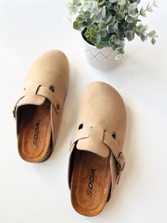 Regis slip on clog in light taupe with buckle detail on top Sizes 5.5-10