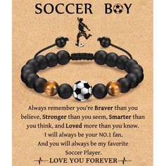 a bracelet with a soccer ball on it that says,'i love you forever '