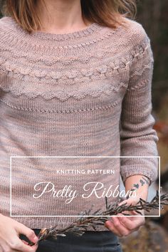 a woman wearing a knitted sweater with text overlay that reads knitting pattern pretty roses