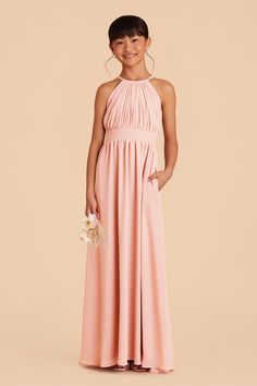 This high-neck halter dress is a dress she can wear again, to the middle school dance or as a wedding guest. Available in Blush Pink. This halter-neck dress is great for a junior bridesmaid on her way to a formal wedding. Pair this stylish junior look with our Kiko or Monica bridesmaid dresses. | Blush Pink Bridesmaid Dress Chiffon Size Large | Birdy Grey Sienna Junior Junior Bridesmaid Dresses Pink, Pink Junior Bridesmaid Dresses, Blush Pink Bridesmaid Dress, High Neck Halter Dress, Middle School Dance, Bridesmaid Dress Chiffon, Junior Dress, Blush Pink Bridesmaid Dresses, Pink Bridesmaid Dress