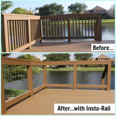 before and after photos of a deck with water in the back ground, then on top of it