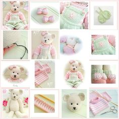 a collage of photos with teddy bears and knitted items