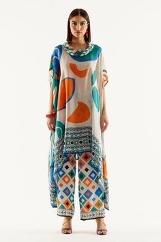 Multi color pant in satin with geometric printed motifs. - Aza Fashions Long Kurti Patterns, Rajdeep Ranawat, Fashion Design Classes, Saree Blouses Online, Print Pant, Turtle Dove, Trendy Shirt Designs, Tunic Designs, Pakistani Fashion Casual