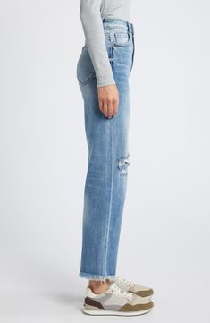 Add a '90s vibe to your denim mix with this roomy pair of stretch-denim jeans styled with a relaxed fit, ripped knees and raw hems for the ultimate throwback look. 28" inseam; 11" front rise Zip fly with button closure Five-pocket style 93% cotton, 5% polyester, 2% spandex Machine wash, tumble dry Imported Everyday Distressed Denim Flare Jeans, Medium Wash Ripped Flare Jeans In Rigid Denim, Ripped High-rise Cropped Jeans In Rigid Denim, Ripped High Rise Cropped Jeans In Rigid Denim, High Rise Distressed Rigid Denim Jeans, Ripped Flare Jeans In Medium Wash Denim, Ripped Rigid Denim Cropped Jeans For Fall, Fall Ripped Cropped Jeans In Rigid Denim, Everyday Ripped Cropped Leg Bottoms