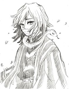 a black and white drawing of a person with long hair, wearing a coat and scarf