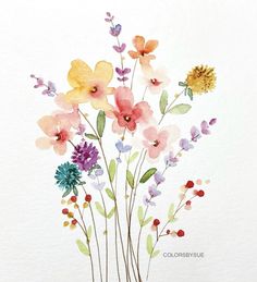 a watercolor painting of flowers in a vase