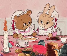 two teddy bears sitting at a table eating food