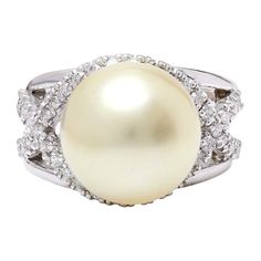 13.12 mm White South Sea Pearl 14K Solid White Gold Diamond Ring - Fashion Strada White Gold Pearl Ring, Gold Pearl Ring, Pearl Stone, Sea Pearl, Gold Diamond Ring, White Gold Diamond Rings, South Sea Pearls, Sea Pearls, Gold Diamond Rings