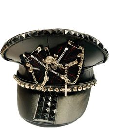 This is a individually hand crafted captain hat. This is a black leatherette captain hat. Well made to a high standard. It has plenty of eye catching detail including metal / black studs, safety pins, zips, cross , chain name a few , please refer to photos . This is a size 59 cm which fits most size heads. No two hats are created the same. Individual and unique  Thank you for looking Police Hat, Black Studs, Custom Leather Jackets, Sun And Moon Drawings, Battle Jacket, Festival Hat, Gothic Vintage, Black Stud, Cross Chain