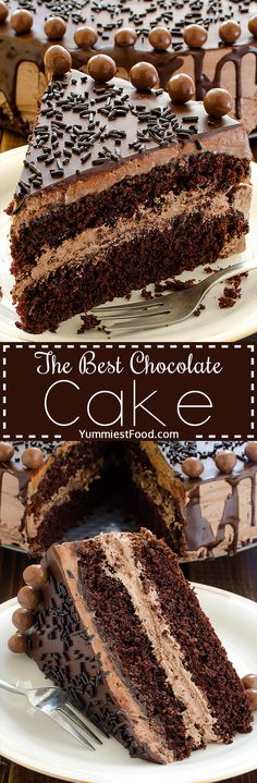 two slices of chocolate cake on plates with the words save best chocolate cake written in large letters