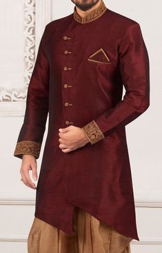 This dress is shipped to you via a fast shipping so that normally the product is delivered to you in 3 to 5 days. Frequently asked questions Do You Customize Family Outfit? Yes, we love to make complete family outfit at our place   Sherwani Material: Silk Fabric. Inside Lining, Satin, Sherwani Front Length: - Standard Sherwani Sleeves: Full Sleeves Sherwani Style: Ethnic Men's wear Indo Western Dress Sherwani Neck: Machine Embroidery Work Round Collar, Sherwani Fabric Primary Colour: Maroon, Options Available, Blue, Purple, Green, etc. Sherwani Work: Heavy Quality Neck Machine Work, Sherwani Slit: Side Slits Button & Pocket Square Types: - Fancy Button, & With Fancy Pocket Square, Bottom Type: - Options Available, Churidar & Heram Dhoti & Paint Bottom Fabric Type: - Options, Cotton Blend, Elegant Churidar For Eid And Traditional Ceremonies, Traditional Sherwani With Self Design For Ceremonies, Traditional Sherwani With Self Design, Elegant Kurta For Festive Traditional Ceremonies, Traditional Fit Long Sleeve Sherwani For Wedding, Ceremonial Nehru Jacket For Festivals With Self Design, Elegant Festive Kurta For Traditional Ceremonies, Traditional Fit Long Sleeve Wedding Sherwani, Ceremonial Nehru Jacket For Diwali With Self Design