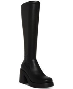 in stock Tall Black Boots Platform, Tall Leather Boots Outfit, Girls Boots Outfit, Long Black Boots Outfit, Long Boots For Women, Steve Madden Black Boots, Leather Boots Outfit, Black Tall Boots, Sorority Rush Outfits